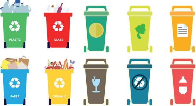Ten colorful recycling bins for different types of waste like plastic, glass, paper, and organic materials, promoting waste sorting and environmental protection.