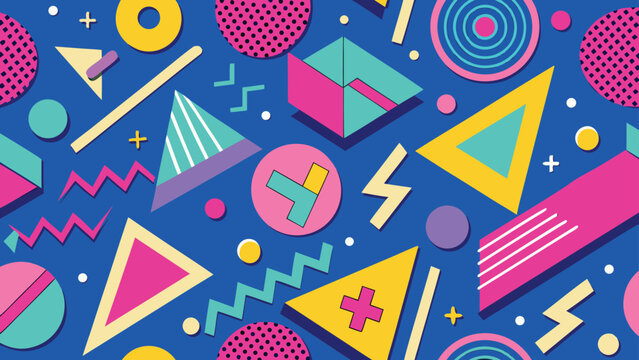 Retro seamless pattern with colorful geometric shapes in memphis style on blue background vibrant nineties design with triangles circles and zigzag lines for funky textile prints and wallpapers.