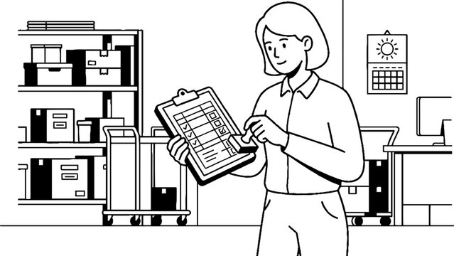 Warehouse manager checking inventory with clipboard and stamp