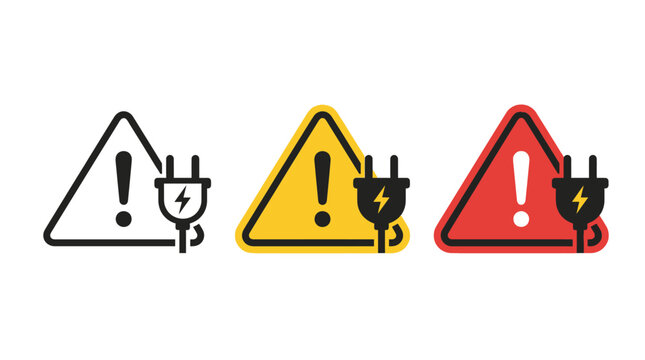 Three warning signs with electrical plug and lightning bolt icons representing danger