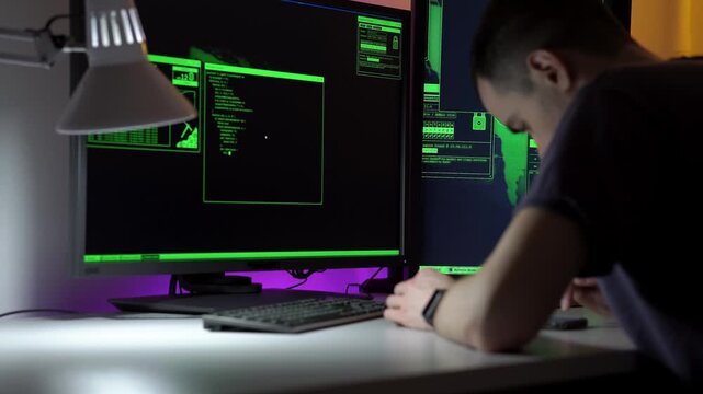 Programmer taking detailed notes beside monitors, backend code and log output on screens, hands writing steps to reproduce and debugging checklist, concentrated atmosphere with desk lamp and purple