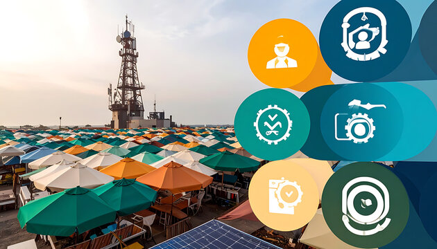 Outdoor market with colorful umbrellas and a telecommunication tower in the background, overlaid with digital technology icons suggesting connectivity and data management