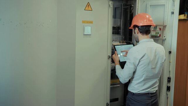 Engineer Using Tablet Digital  In Server Room. Operating Equipment Machine Settings At Datacenter Network Center