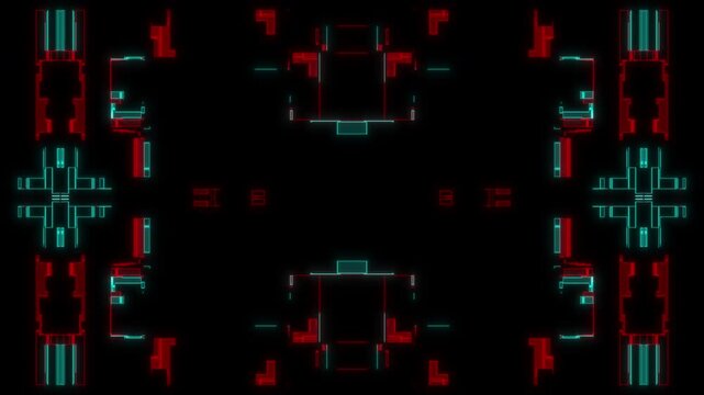 Futuristic HUD interface with digital circuit grid in neon red and blue glow. Perfect for sci-fi user interface concepts, gaming overlays, cyber security visualizations, data technology graphics.