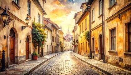 Fototapeta premium Picturesque European street with cobblestones, old buildings, and a sunset
