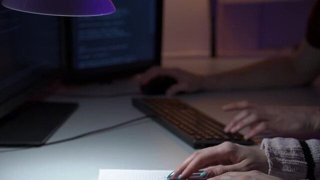 Developers pointing at notes during review, hands gesture over page while discussing code changes on monitors, focused collaboration for merge planning and bug prioritization under cool studio