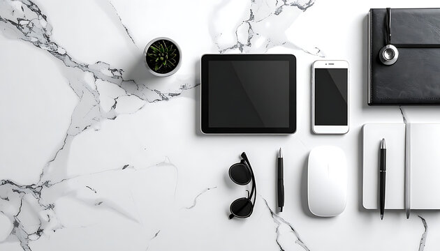 Overhead flat lay of modern office desk with tablet, smartphone, mouse, notebook and potted plant on marble background, business workspace setup