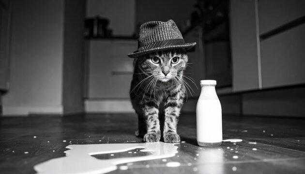 A Cat Wearing a Detective Hat Investigates a Spilled Milk Crime Scene with a Bottle