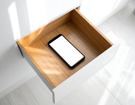 A smartphone with a blank screen lies in an open drawer of a modern white dresser