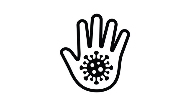 Black icon of a human hand with a virus cell symbol centered on the palm area