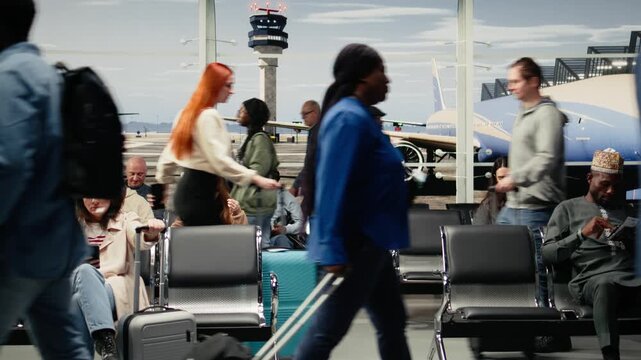 Man and woman travelers bump trolleys while walking toward an airport departure gate, showing luggage clash and hectic passenger movement before a flight.