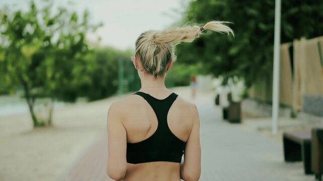 Runner Jogging Along Beach Alley In Park. Cardio Workout In Morning. Healthy Lifestyle
