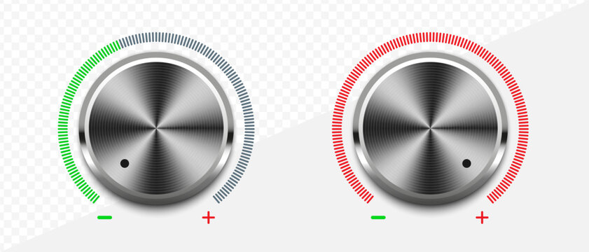 Realistic silver volume knobs with green and red levels