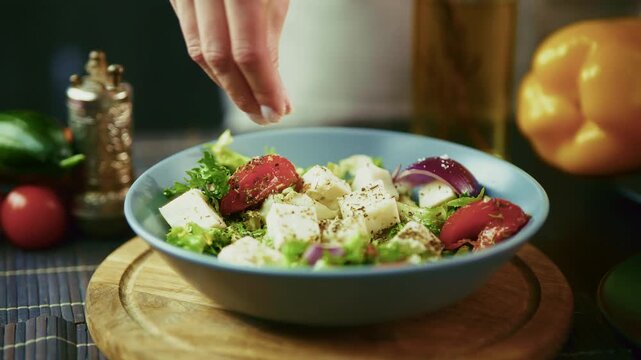 Seasoning Spices On Fresh Greek Salad With Feta Cheese Vegetables. Healthy Vegetarian Meal 
