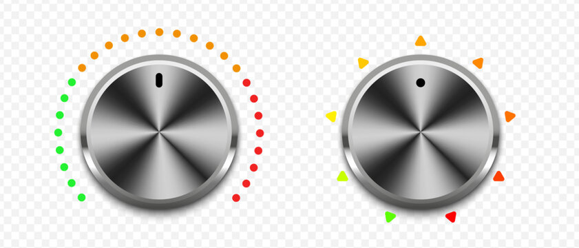 Silver volume control knobs with triangle and dot indicators