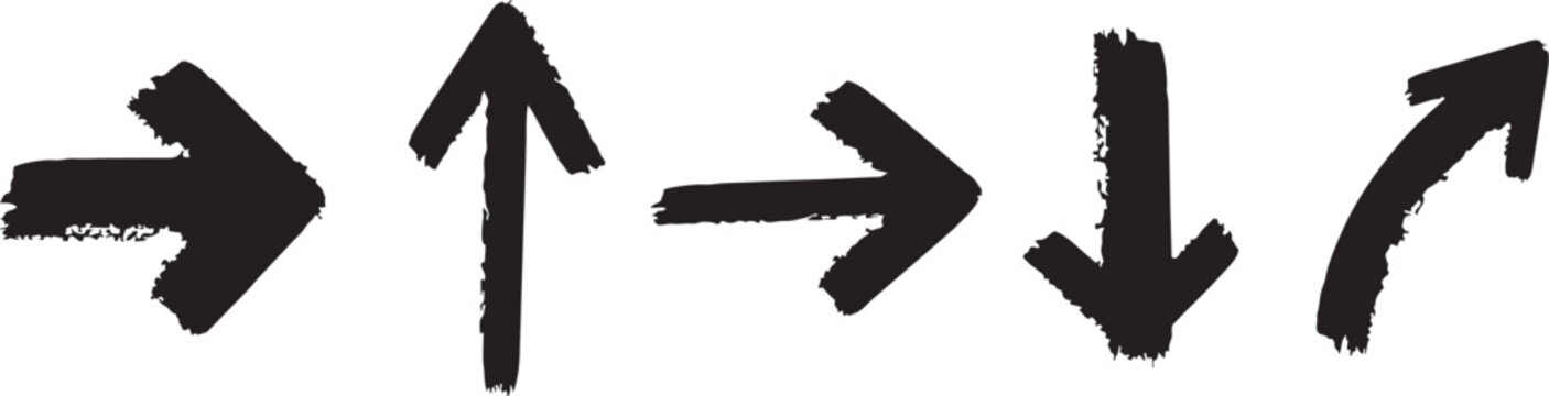 Five black arrows pointing in multiple directions, arrow icons set isolated on white background