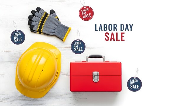 Labor Day sale banner with red toolbox yellow hard hat and gloves