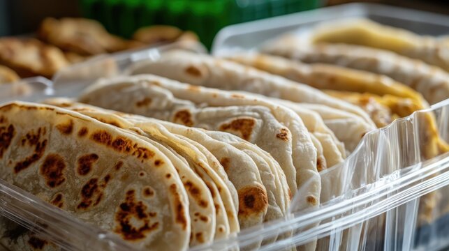 Freshly baked flatbreads arranged in clear plastic container rea