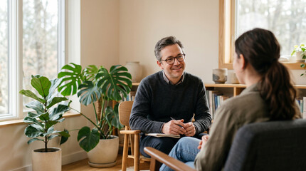 Fototapeta premium A male mental health therapist who empathetically listens to clients in a warm and modern office.