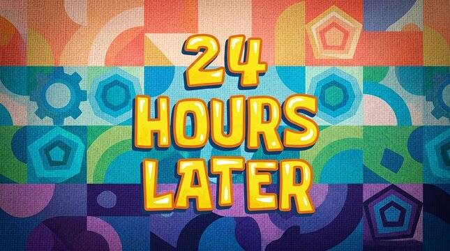 A 2D flat graphic featuring the text "24 HOURS LATER" in bold yellow bubble lettering. The centered text sits over a bright, colorful retro backdrop split into geometric segments with a cartoon sun an