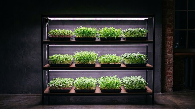 Indoor vertical farming system with grow lights and microgreens
