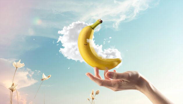 A gentle hand sculpts a smiling banana from a fluffy cloud against a clear blue sky