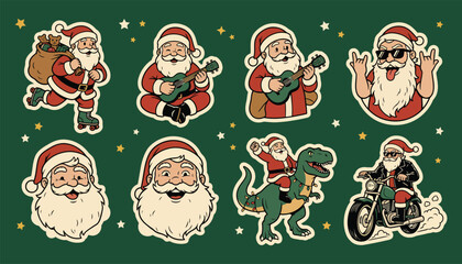 Funny cartoon santa claus stickers on green background with stars © firoz