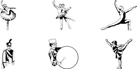Obraz premium Performing arts dance music cheerleading vector illustration set featuring ballet dancers, marching band musicians, and cheerleader poses for creative design, cultural presentation, and artistic resou