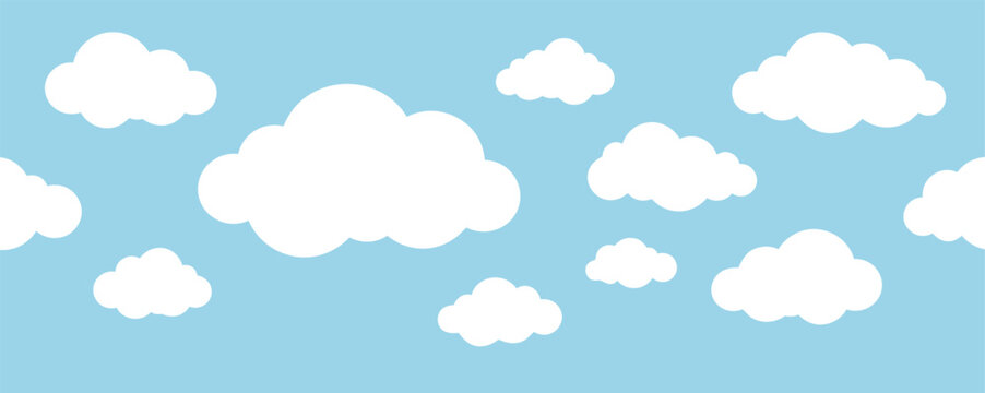 Seamless pattern with white clouds on a light blue sky background, vector illustration for wallpaper, fabric, or wrapping paper