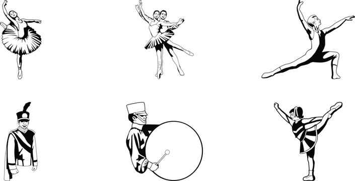 Performing arts dance music cheerleading vector illustration set featuring ballet dancers, marching band musicians, and cheerleader poses for creative design, cultural presentation, and artistic resou