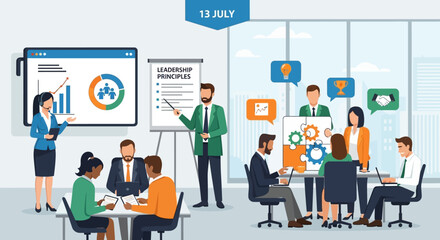Business meeting, team collaboration and leadership training presentation in office © Kawa