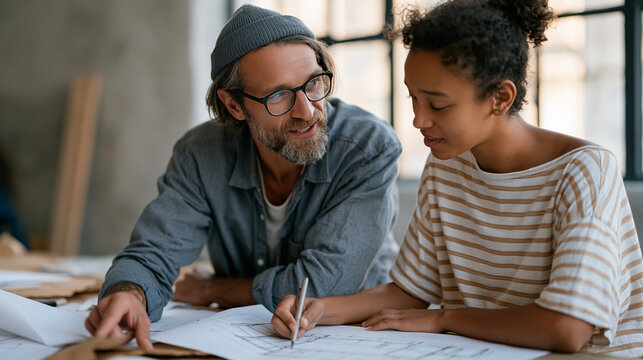 Structural engineer volunteer reviewing hand-drawn blueprints with community center director at cluttered worktable, skills-based volunteering, pro bono technical expertise, nonprofit capacity build
