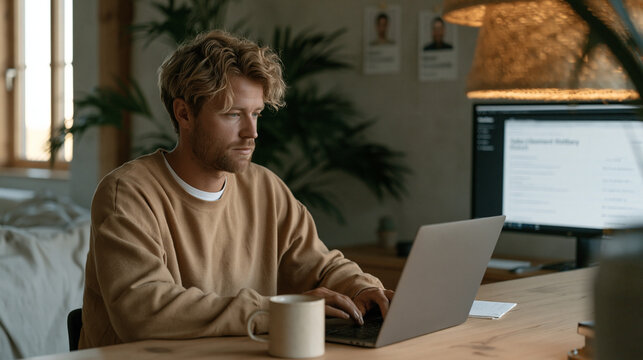 Startup founder rehearses a product pitch in a minimalist studio space, practicing with a sales enablement platform content library open on a laptop, rearranging slide decks while referring to buyer