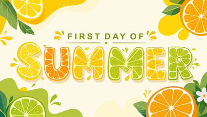 First Day of Summer banner template with citrus fruit typography, lemon, orange and lime lettering design in flat minimalist style. Fresh tropical seasonal background for social media and promotion. © Ocha Designs