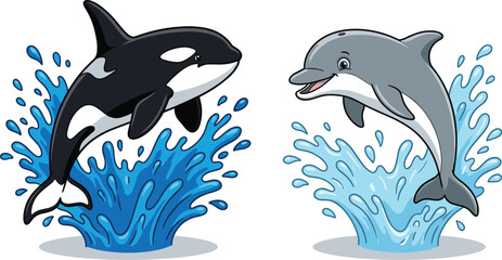 Orca and Dolphin Cartoon Icon Set with Jumping Sea Animals, Ocean Splash Effects, Marine Life Characters, Cute Aquatic Animals, Kids’ Illustration, and Underwater Fun Designs © Sultana