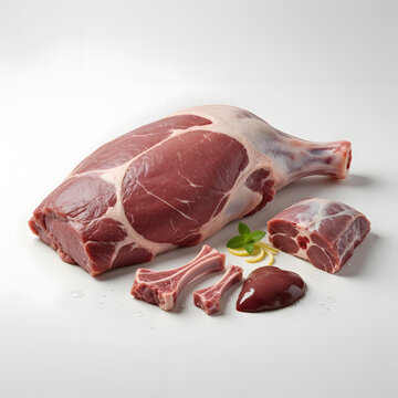 Fresh Raw Goat Meat Leg and Various Cuts on White Background