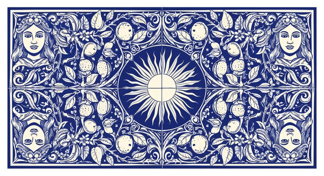 azulejo pattern on mediterranean tiles decorative art with female portraits fruit and a central sun motif.