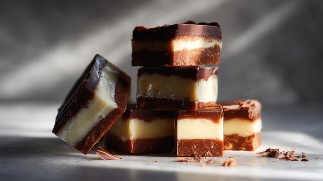 Delicious layered chocolate fudge dessert presented in a moody,