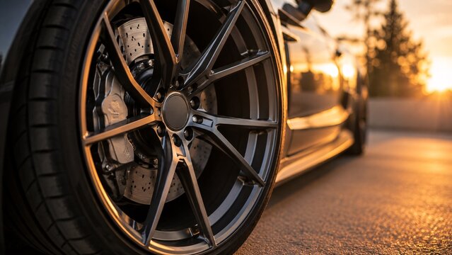 Close up of a premium sports car wheel featuring matte black alloy rims and brake calipers