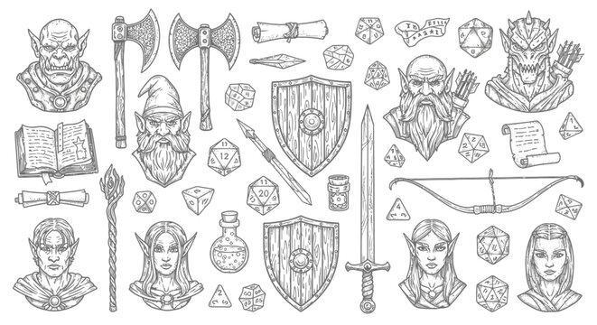 fantasy role-playing game dnd tabletop game vector elements showcasing polyhedral dice character busts and medieval weapons.