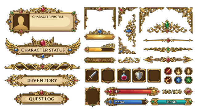 Fantasy RPG game UI kit with ornate gold frames, medieval user interface elements for character profile and inventory, luxury golden game assets