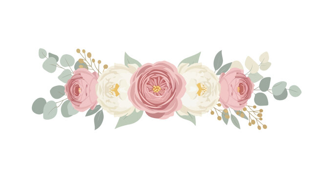 floral arrangement with pink roses and eucalyptus leaves vector illustration for elegant wedding design and greeting cards