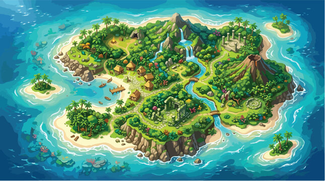 Tropical island game map vector, isometric paradise world with volcano and jungle, exotic adventure level design for mobile gaming