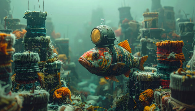 A curious fish wearing a tiny diver's helmet explores a sunken city beneath the ocean waves.