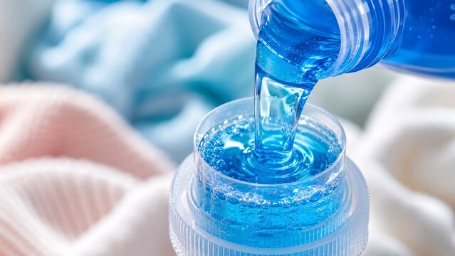 Macro shot of pouring bright blue liquid laundry detergent into a plastic measuring cap