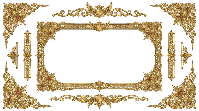 Vintage gold frame and ornate corner elements, luxury baroque floral border set, antique golden filigree decorative ornaments for wedding invitations