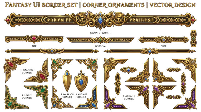 Fantasy UI border set, ornate gold corner ornaments and game frames, medieval vector design elements for RPG and mobile gaming interface
