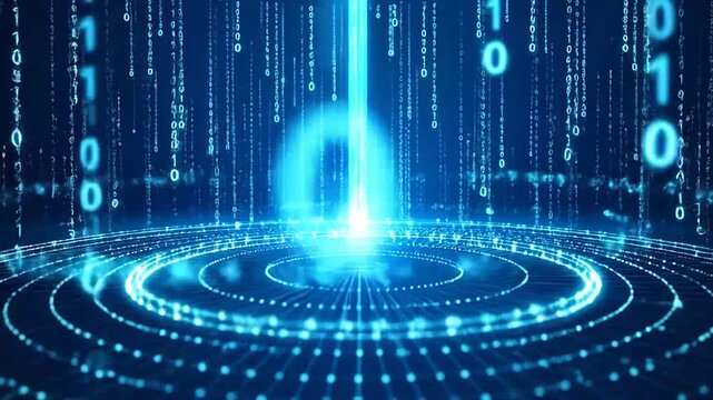Abstract digital background with glowing blue binary code streams