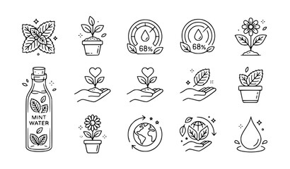 Plants line icons mint leaf gardening humidity nature care vector editable stroke © MD