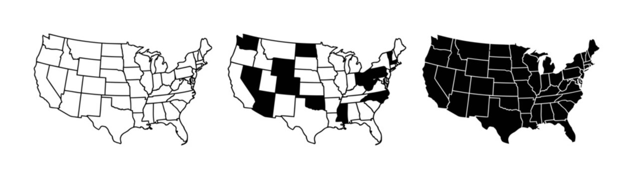 USA Map States Outline, Highlighted Regions, and Solid Fill Vector Graphics Set